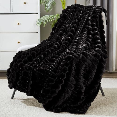 JONIYEAR Soft Fluffy Striped Faux Rabbit Fur Throw Blanket for Couch 50" x 60", Decorative 3D Geometric Warm Fuzzy Fur Blankets for Winter,Reversible Luxury Cozy Furry Blanket for Adult Bed, Black - Image 1