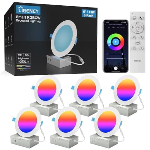 Ligency 6-Pack 6 Inch Smart Recessed Lighting, 13W 1050LM Ultra-Thin Canless LED Downlight, RGBW Color Changing Wi-Fi Ceiling Light with Junction Box, Alexa/Google App Control - No Housing Required - Image 1
