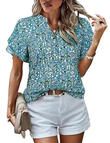 LOOKBOHO Short Sleeve Womens Casual Blouses Summer V-Neck Floral Shirts Fashion Ruffle Sleeve Chiffon Office Tops Blue S - Image 1