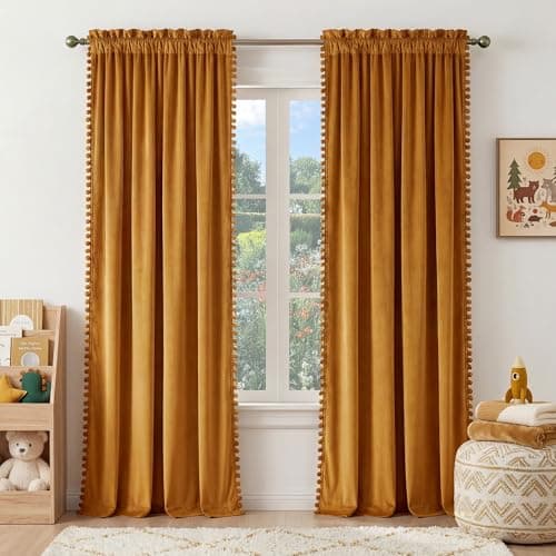 NICETOWN Mustard Gold Pom Pom Velvet Curtains 8 ft Long - Room Darkening Luxurious Drapes for Living Room & Bedroom, Extra Long Window Treatments, 52" W x 96" L, 2 Panels - Image 1