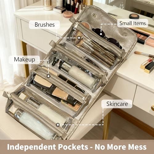 YAKUNCL 4-IN-1 Detachable Cosmetic Bag, Foldable Waterproof PU Leather Makeup Bag, Portable Travel Toiletry Organizer Bag for Women Daily & Travel Use (Premium Gray) - Thumbnail 3