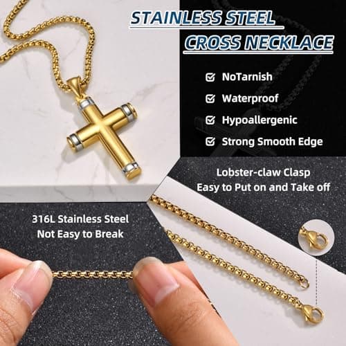 Stainless Steel Cross Necklace for Men, Silver Black gold plated Cross Pendant Jesus Necklace Chain, Non Tarnish Sturdy Mens Christian Jewelry Gifts for Him Baptism Confirmation Birthday, 24 Inch - Thumbnail 5