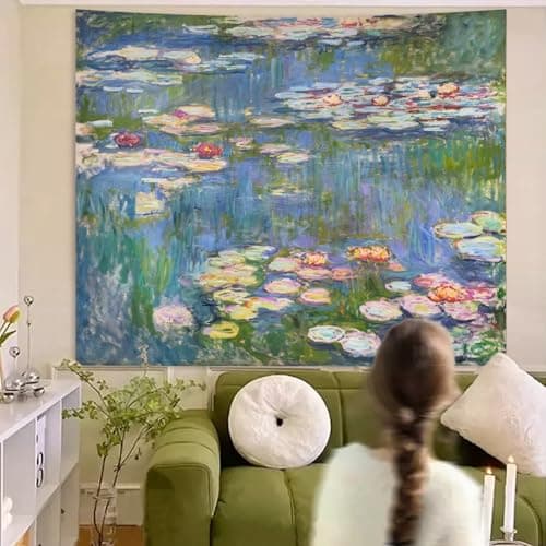 Avinyl Monet Waterlily Wall Tapestry, Green Floral Plant Art Poster for Bedroom Girls Boys, Small Nature Flower Pond Wall Hanging, Watercolor Tapestries for Living Room Dorm Decor 39in X 51in - Thumbnail 3