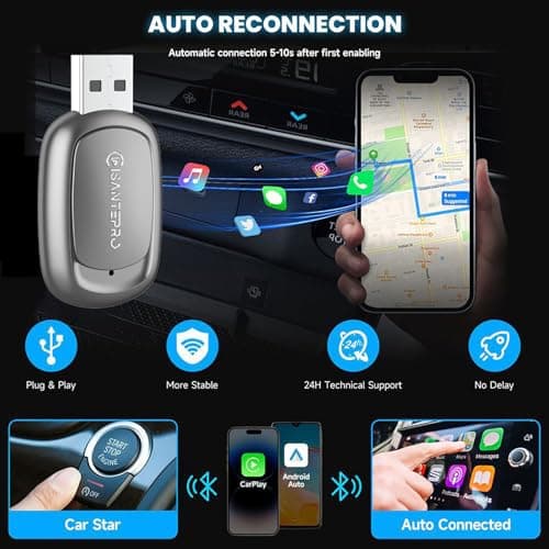 Isantepro 2-in-1 Wireless CarPlay Adapter & Android Auto for Apple iPhone, 2026 Upgrade Mini Bluetooth Dongle Convert Wired to Wireless, Plug & Play, USB A & Type C for 2016+ Cars, iOS 10+,Android 11+ - Thumbnail 4
