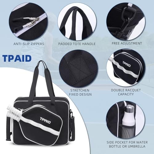 TPAID Pickleball Bag with Shoes & Wet Pocket, Court Bag for 2 Paddles, Black - Thumbnail 5