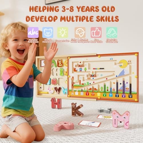 LIOKLICK 4-in-1 Magnetic Color and Number Maze, ABC Animal Alphabet Puzzles with Drawing Board, Wooden Montessori Toy Storage Box for 3-5 Year Old, Toddler Educational Learning Toy for Kids Boys Girls - Thumbnail 5