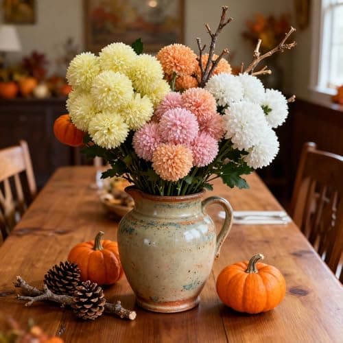 TransBloom, Artificial Chrysanthemum Ball, 18 Heads, Green Flowers Stems, Fake mums Ball Flowers, 15.5 Inch, Indoor Floral Arrangement for Home Decor, Living Room, Vase Centerpiece (Light Green) - Thumbnail 6