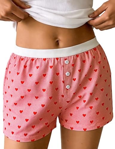 Frcdaunrs Womens Gingham Boxers Shorts 2026 Cute Pajama Pj Bottoms Casual Checkered Shorts with Herats Red Plaid S - Thumbnail 2