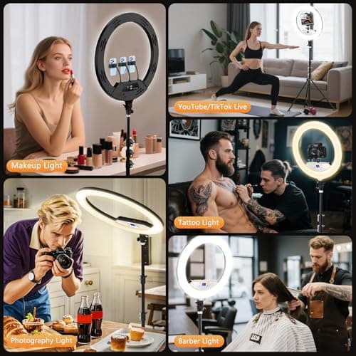 22'' Ring Light with 75'' Tripod Stand, LED Display/2 USB Ports/6500K Dimmable Ring Light for ipad Phone Holder for Tattoo Lash Live Makeup Video Recording TikTok Barber Stylist Photography - Thumbnail 3
