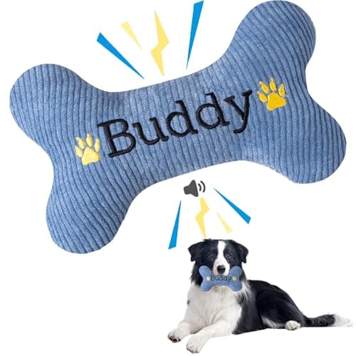 2026 Squeaky Dog Toys, Embroidered Bone Shape Blue Corduroy Pet Pillow 8"x5" with Black "Buddy" Text Cute Soft Cotton Filled Dog Chew Puzzle Toy Birthday Holiday Fun Gifts for Small Medium Large Dogs
