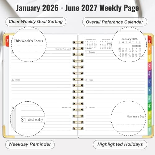 Daily Planner 2026-2027, 18 Month Planner with Tabs, January 2026 - June 2027 Weekly and Monthly Academic Year Calendar Spiral Time Management, 100GSM Thick Paper, Twin-Wire Binding, A5 Size, Yellow - Thumbnail 5