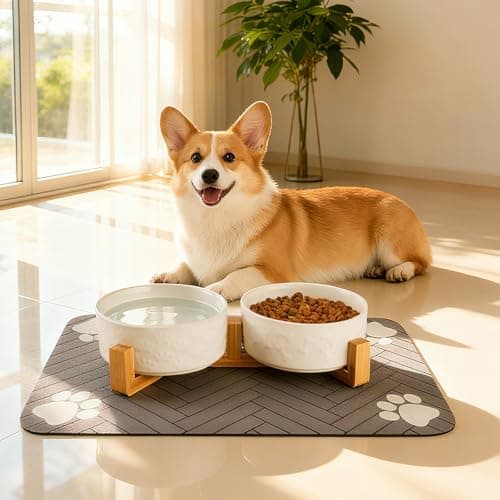 XIHAN Dog Bowls Set with Wood Stand & Mat Waterproof, 3.5 Cups Ceramic Dog Bowls Elevated for Medium Dogs, Dual Food and Water Bowls with Weighted Non-Slip Base 28.7 OZ - Thumbnail 6
