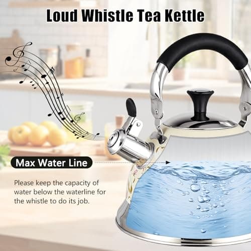 Tinlon Enamel Tea Kettle, 3.1QT Whistling Stovetop Teapot, Folding Handle - Thumbnail 4