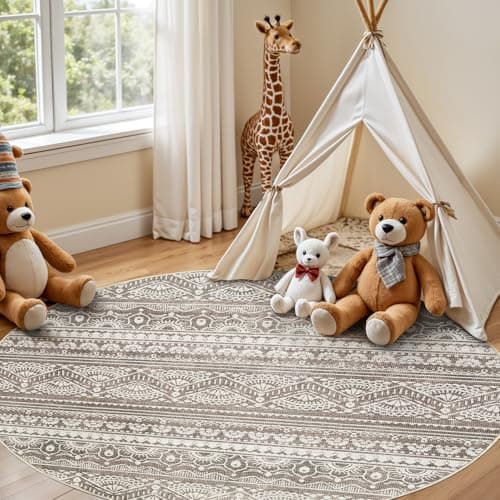 Tortania 4' Round Area Rug Living Room Rugs - Washable Large Soft Neutral Boho Moroccan Bohemian Farmhouse Rug Indoor Floor Carpet for Bedroom Under Dining Table Home Office Decor - Dark Brown - Thumbnail 4