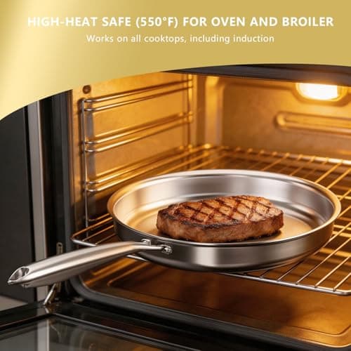 Kurovia Tri-Ply Stainless Steel Frying Pan, Compatible with All Cooktops Up to 600℉, Large Frying Pan with lids, Induction-Ready Skillet, Dishwasher and Oven Safe, Even Heat (12.4 Inch) - Thumbnail 6