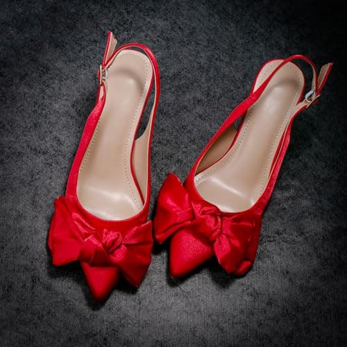 Red Heels Slingback Kitten Heels with Bows Stilettos 2 Inch High Heel Pumps Pointed Toe Pump with Bownot Dress Shoes Silk Satin Elegant Size 7 - Thumbnail 2