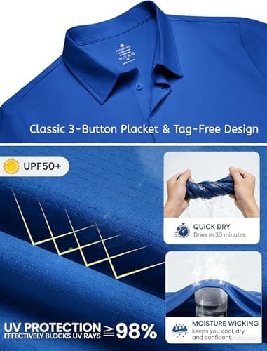 PINSPARK Mens Polo Shirt Moisture Wicking Golf Shirts for Men Performance Casual Collared Shirt Quick Dry Regular Fit Polos Royal Blue - Thumbnail 4