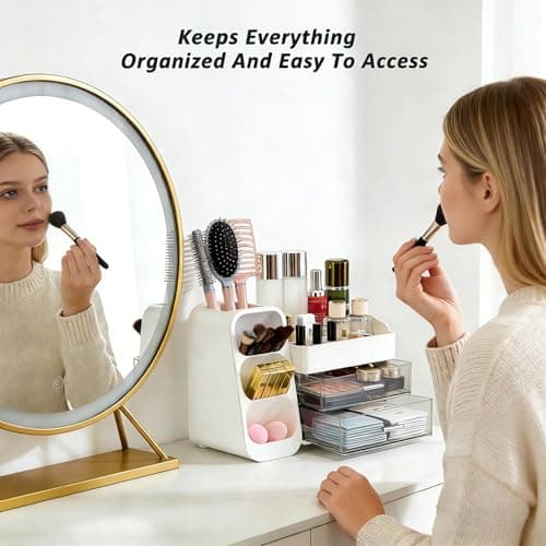 Makeup Organizer Countertop, Spacious Cosmetic Display Case with Makeup Brush Holder, Perfect Vanity Bathroom Organizer and Storage, White - Thumbnail 6