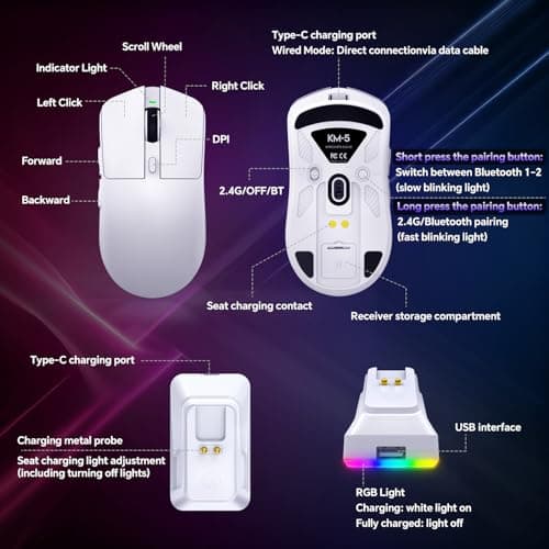 Wireless Gaming Mouse, Tri-Mode 2.4GHz/USB-C/Bluetooth Wireless Mouse with RGB Charging Dock, 24000 DPI, 60Hrs Battery, Ergonomic Lightweight Rechargeable Computer Mice Compatible with PC Mac Laptop - Thumbnail 4