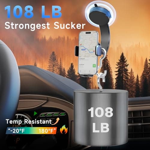 COOEXES Car Phone Holder, 360°Rotation Vacuum Suction Cup Phone Mount - 108LBS Nano Gel for Car, Bendable Arm & One-Hand Release, Truck Phone Holder for iPhone 17 Pro Max Samsung Android - Thumbnail 3