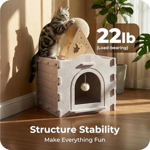Apasiri Cat Bed Cave for Indoor Cats: New Felt Cat Bed with Fluffy Ball Hanging, Foldable Cat House with Scratch-Resistant Board, Hideaway Cat Cave for Timid Cats, Sturdy Two-Tier Cat Condo - Gray - Thumbnail 4