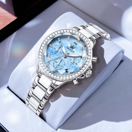 OLEVS Women's Silver Watch Water Resistant for Women Ceramic Stainless Steel Bracelet Blue Mother of Pearl Chronograph Dial Luxury Diamond Bezel Elegant Ladies Quartz Wrist Watch Gift reloj para Mujer - Thumbnail 2