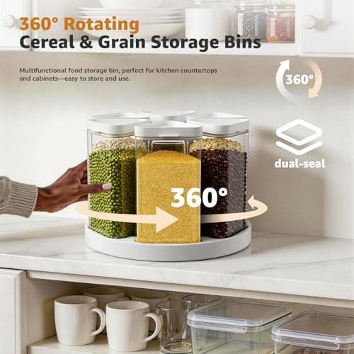 Slow Slog 6-Grid Rotating Grain Storage Bins & Pantry Food Organizer, Dry Food Canister Set for Cereal, Grain, Snacks, Coffee Beans, Kitchen Countertop Storage - Thumbnail 5