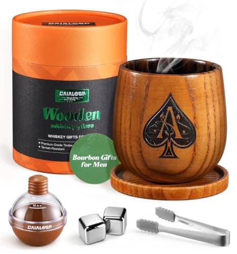 Gaialoop Charred Wooden Bourbon Drinking Glass with Ace of Spades Pattern Engraving, Custom Wood Whiskey Cup with Chilling Stones & Ice Ball Mold, Personalized Whiskey Glasses Gifts for Men, Him, Dad