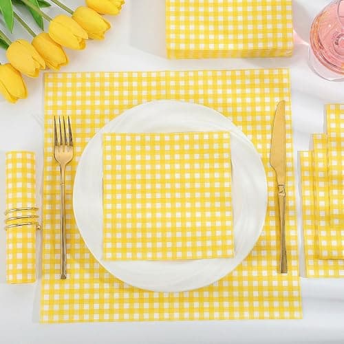 NatNarr 80 Pcs Gingham Napkins, 6.5X6.5 Inch Easter Paper Napkins Disposable Yellow and White Plaid Napkin for Spring, Masters Party, Picnic - Thumbnail 5
