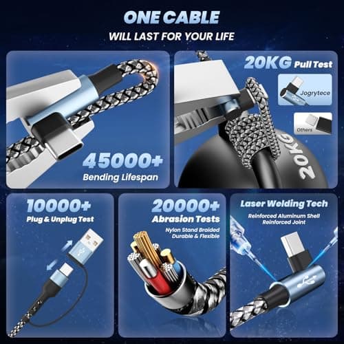 Travel Essentials 90 Degree Multi Charging Cable, 5FT 2Pack Nylon USB A/C Cord Right Angle 4 in 2 Charging Cable, USB Cable Charger Cord with Dual Type -C/Micro/L Port for iPhone 17 16 Galaxy S25 iPad - Thumbnail 6