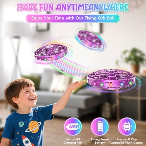 TSM005 Mini Drone for Kids,Hand Operated UFO Toy,Hover Boomerang Ball with LED,Easy Indoor Outdoor Flying Toys,Flying Orb Ball UFO Drone for Kids 6-8-12,Cool Christmas Birthday Gifts for Boys Girls (Purple) - Thumbnail 4