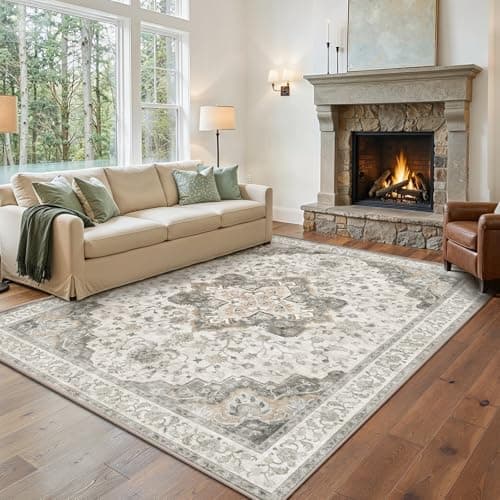 Marsail 5x7 Machine Washable Area Rug, Soft & Slip-Resistant Large Area Rug with Reinforced Bound Edges, Vintage Short-Pile Washable Rug with Floral Pattern for Living Room, Dinning Room and Bedroom - Thumbnail 3