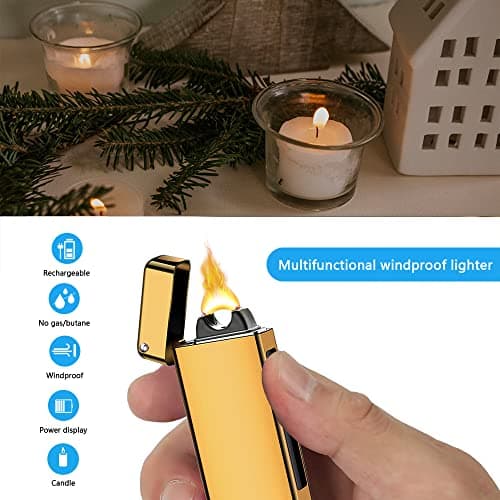 TIKIUKI Electric Lighter Rechargeable, Windproof Arc Lighter USB Plasma Lighters with Visual Battery, Cool Vintage Lighters Custom Design, Zinc Alloy Body for Outdoor Camping Candle Gift（Gold） - Thumbnail 5