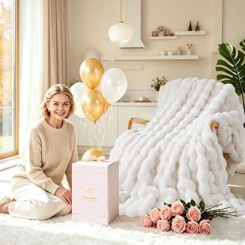 Touchat Luxury 1000GSM Faux Rabbit Fur Throw Blanket, Super Heavy Warm Cozy Blankets for Couch Bed Sofa, Bubble Plush Fuzzy Elegant Soft Reversible Mink Blanket for Living Room Bedroom, Cream White - Thumbnail 2