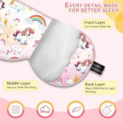 Kids Silk Sleep Mask: 100% Mulberry Silk Eye Mask with Adjustable Strap, Cute Sleeping Blindfold for Boys Girls Teens, Soft & Lightweight Eye Shade for Travel, Nap, Bedtime (Pink Horse Style) - Thumbnail 2