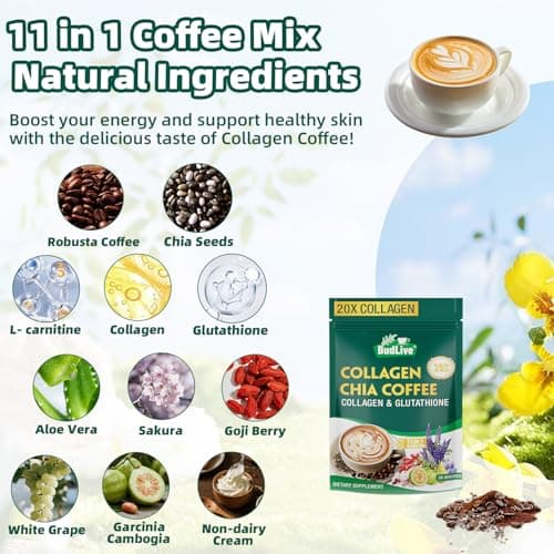 BudLive 20X Collagen Chia Coffee, 11 in 1 Chia Coffee Mix with Collagen & Chia Seeds, Goji Berry, Blueberry, Strawberry, Supports Hair, Skin & Nails, Sugar Free, Vegan, Gluten-Free, 30 Servings - Thumbnail 3