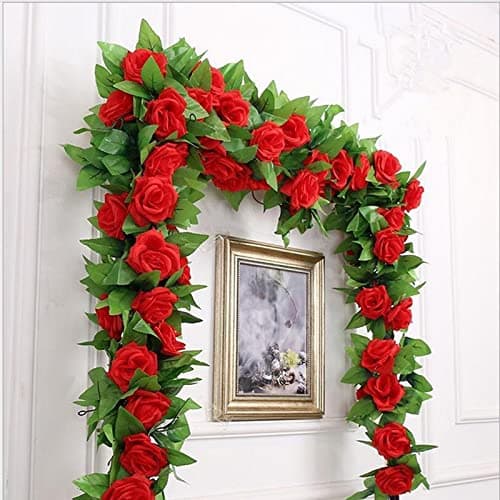 niuniufine 50FT Artificial Flowers Garlands Red 6PCS Silk Rose Hanging Vine with Green Leaves for Wedding Arch Party Christmas Home Decoration Flowers Arrangement - Thumbnail 2