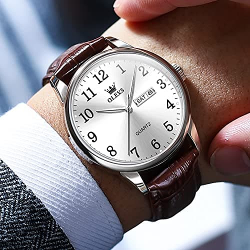 OLEVS Brown Leather Watches for Men Analog Mens Leather Watch Day Date Mens Watches Leather Band Simple Men White Face Wristwatch Waterproof Watch Reloj para Hombre Classic Fashion Brown Watch Man - Thumbnail 4