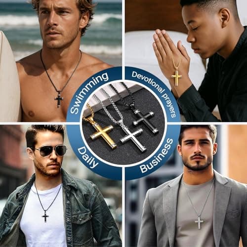 Stainless Steel Cross Necklace for Men, Silver Black gold plated Cross Pendant Jesus Necklace Chain, Non Tarnish Sturdy Mens Christian Jewelry Gifts for Him Baptism Confirmation Birthday, 24 Inch - Thumbnail 6