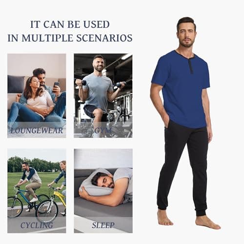 Navisting Men's 100% Cotton Short Sleeve Pajama Set with Henley Neckline Soft and Comfortable Nightwear 2-Piece Lounge Set S Dark Blue and Black - Thumbnail 6