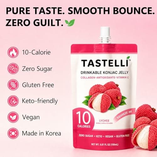 Tastelli Konjac Jelly Infused with Collagen & Vitamin C | Gluten Free, Sugar Free, Low Calorie | Vegan Drinkable Fruit Jelly Snack | Lychee | 150mL x 10 Pouches - Thumbnail 3