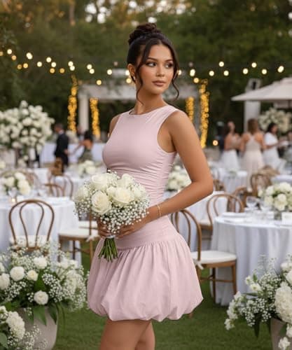 ABKY Womens Sexy Bodycon Dress Sleeveless Ruffle Ruched Bubble Mini Dresses Birthday Party Club Going Out Outfits Pink S - Thumbnail 6