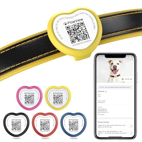 Personalized Dog Tags, QR Code Pet ID Tags for Dog Collars, Scan QR for Instant Location Alert, Emergency Contact & Online Profile, Battery-Free, Waterproof, Silent Silicone, Heart Shape, Yellow