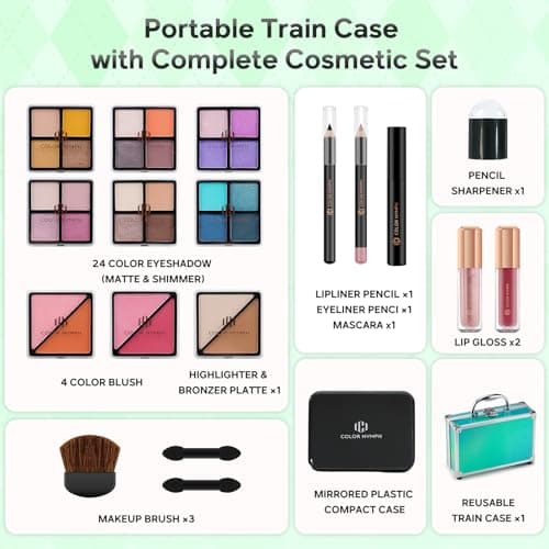 Color Nymph Beginner Makeup Kits For Teens With Train Case Included Full Makeup Kit Eyeshadow Palette Blushes Bronzer Highlighter Lipstick Brushes Mirror (Green) - Thumbnail 3