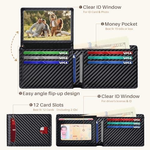 Tipmile Wallet for Men Slim RFID Blocking Credit Card Holder, Minimalist Men Wallets 12 Cards with 2 ID Windows & Cash Slot, Bifold Front Pocket Wallet Gifts for Men - Thumbnail 2