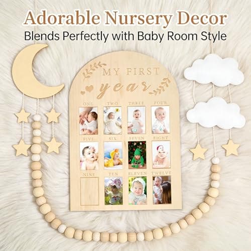 DegoCython Baby First Year Photo Board, Natural Wood, 16x12 Inches, Monthly Photo Display, Modern Farmhouse Style, Arch Shape, Tabletop Frame, Baby Photo Display, 12 Photo Slots - Thumbnail 3