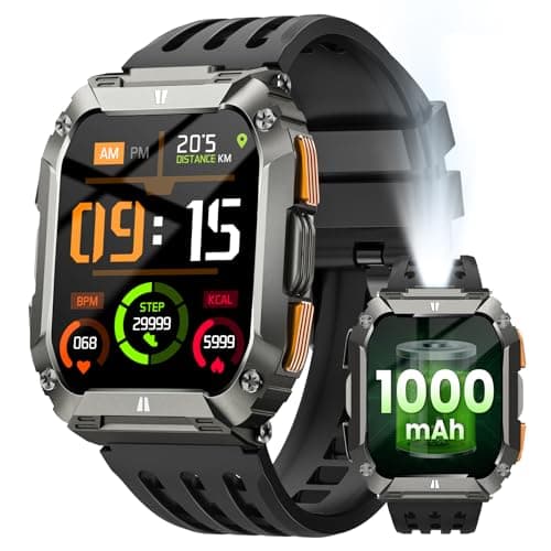Smart Watches for Men, Military Smart Watch with 100 Days Battery/LED Flashlight, 1.95'' Fitness Watch with Heart Rate/ Sleep Monitor/100+ Sports Mode, 5 ATM Rugged Smartwatch for Android and iPhone - Image 1