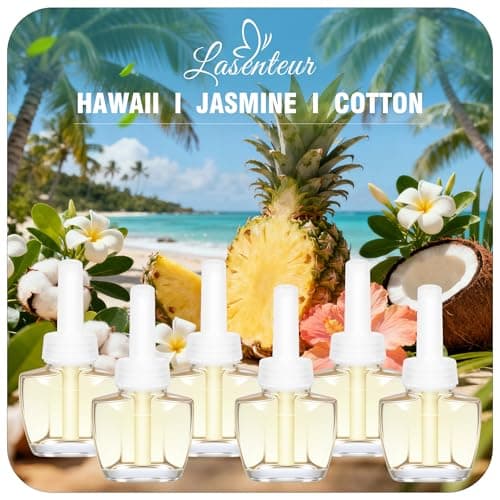 Plug In Air Freshener Refills for Home, Hawaiian, Jasmine & Cotton Scents for Bathrooms & Kitchen, 6 Count Plug Refill for Bedrooms, Office, Compatible with Air Wick & Glade