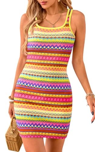 PRETTYGARDEN Womens 2026 Summer Mini Dresses Square Neck Sleeveless Tank Bodycon Striped Boho Sundresses Beach Vacation Criuse Outfits (Yellow, L) - Image 1