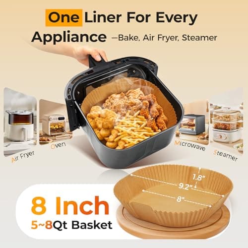 Air Fryer Paper Liners, 125Pcs Parchment Paper, Air Fryer Liners Disposable for Microwave, Non-Stick Air Fryer Liner Square Free of Bleach (8IN) - Thumbnail 2